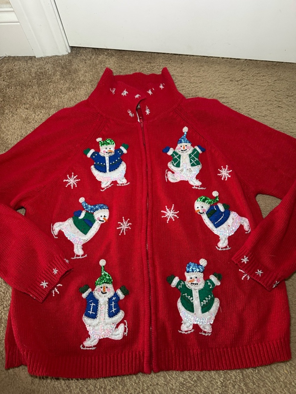 Heirloom Collectibles Women's M Holiday Party Winter Snowmen Sweater Cardigan